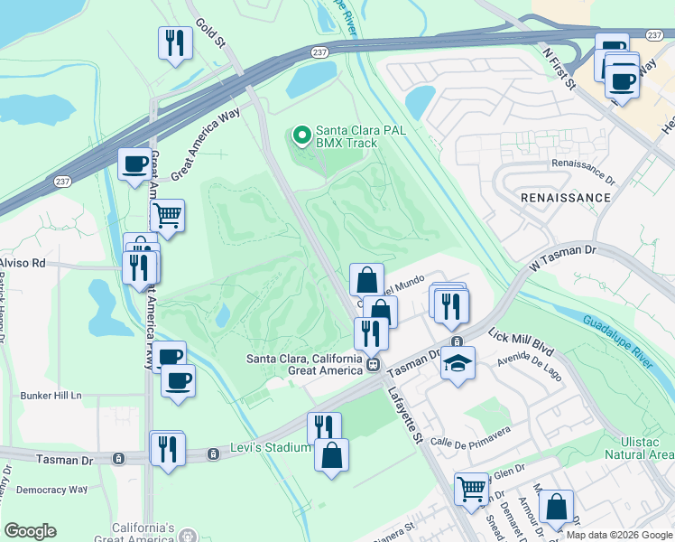 map of restaurants, bars, coffee shops, grocery stores, and more near 5301 Lafayette Street in Santa Clara