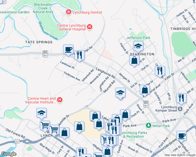 map of restaurants, bars, coffee shops, grocery stores, and more near 2114 Westerly Drive in Lynchburg