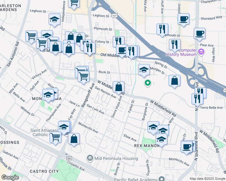 map of restaurants, bars, coffee shops, grocery stores, and more near 1944 San Ramon Avenue in Mountain View