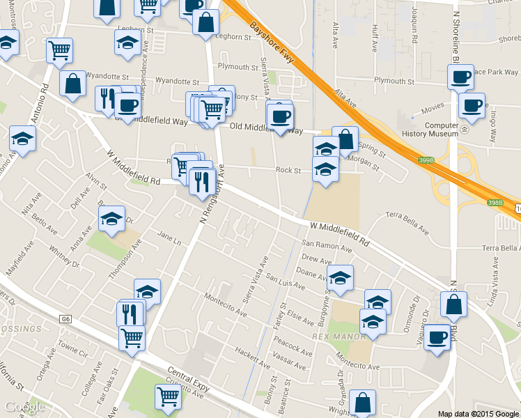 map of restaurants, bars, coffee shops, grocery stores, and more near 1944 San Ramon Avenue in Mountain View
