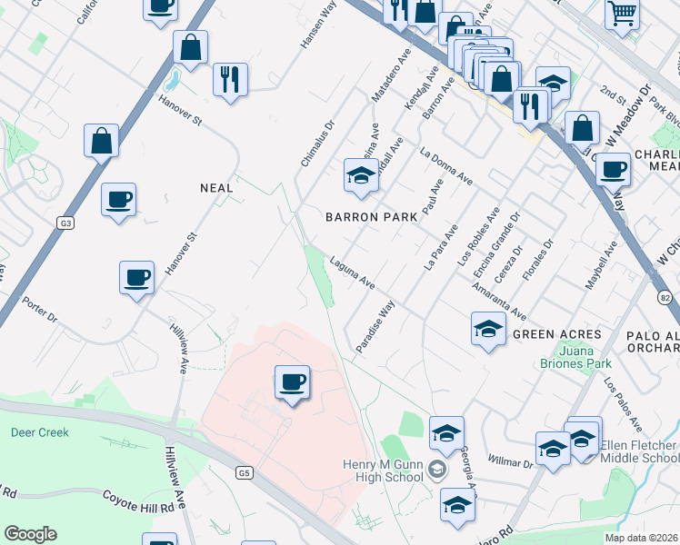 map of restaurants, bars, coffee shops, grocery stores, and more near 3732 Laguna Oaks Place in Palo Alto