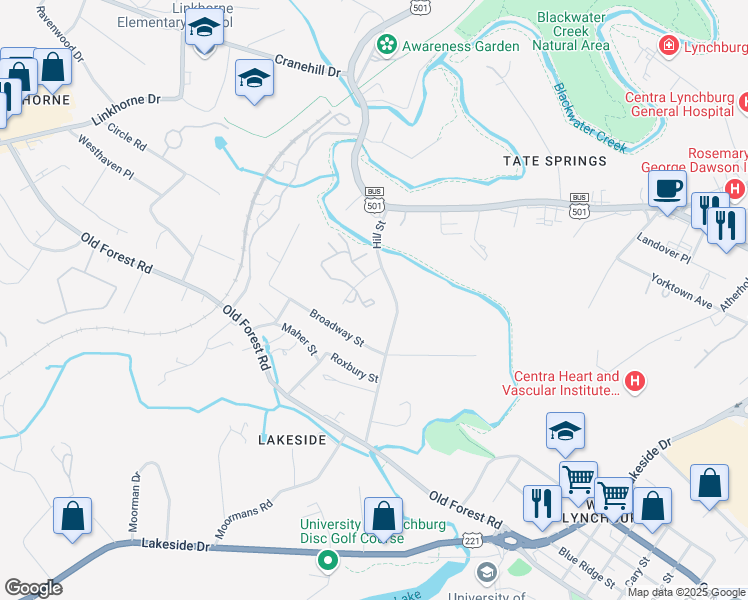 map of restaurants, bars, coffee shops, grocery stores, and more near 3000 Birchwood Drive in Lynchburg