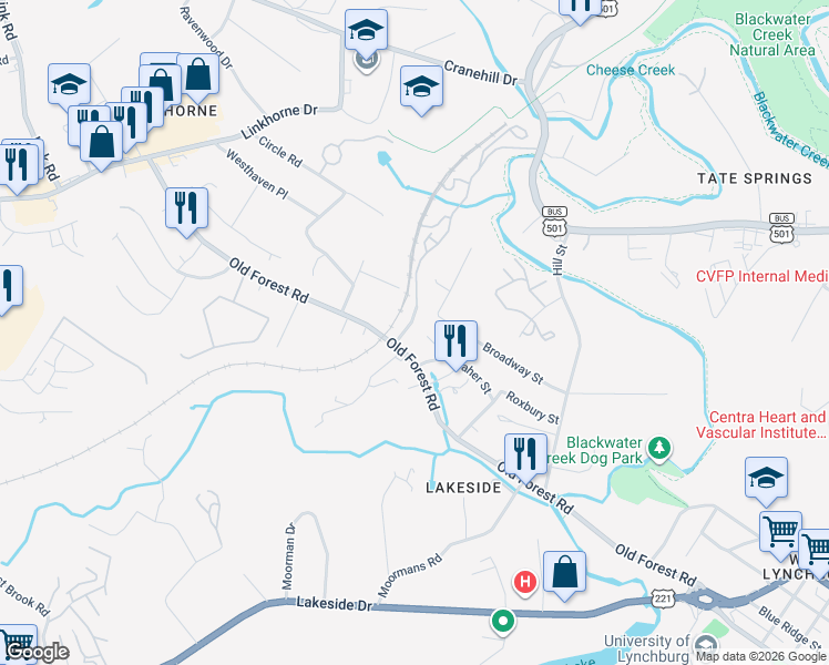 map of restaurants, bars, coffee shops, grocery stores, and more near 2212 Old Forest Road in Lynchburg