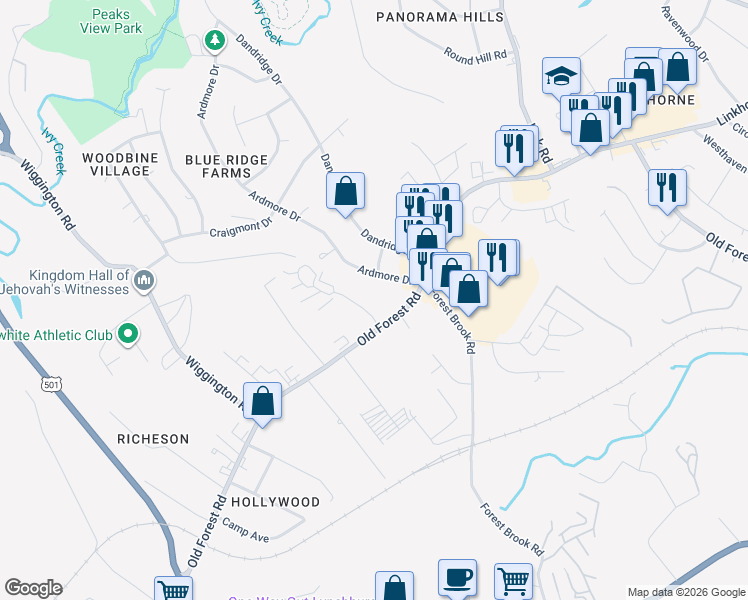 map of restaurants, bars, coffee shops, grocery stores, and more near 42 Timber Court in Lynchburg