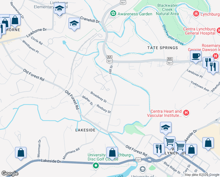 map of restaurants, bars, coffee shops, grocery stores, and more near 3000 Birchwood Drive in Lynchburg