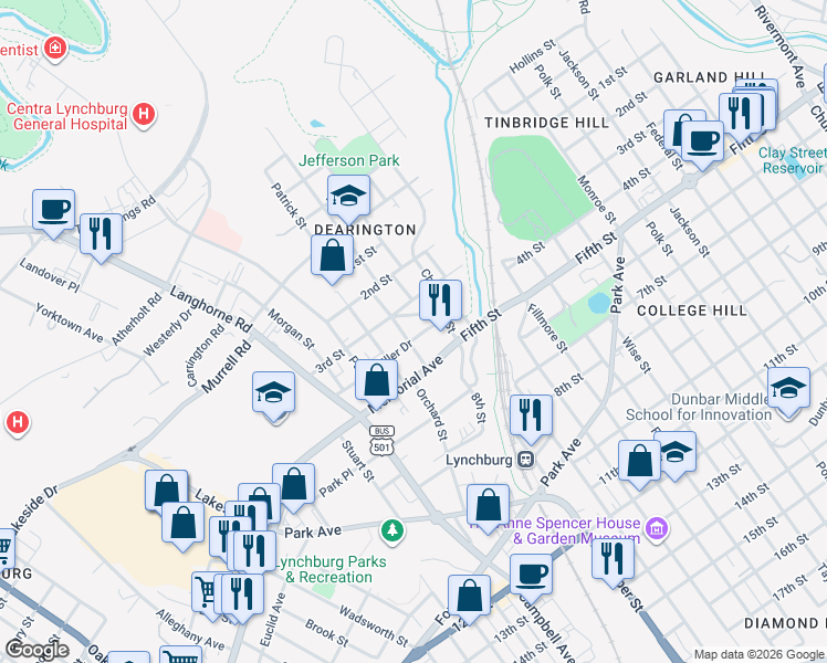 map of restaurants, bars, coffee shops, grocery stores, and more near 1755 Miller Drive in Lynchburg