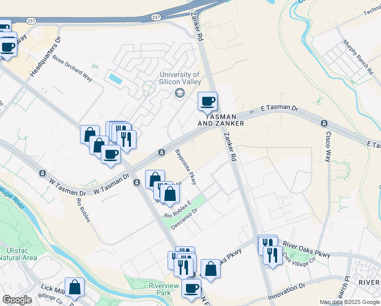 map of restaurants, bars, coffee shops, grocery stores, and more near 100-126 Baypointe Pkwy in San Jose