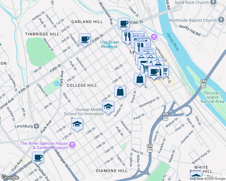 map of restaurants, bars, coffee shops, grocery stores, and more near in Lynchburg