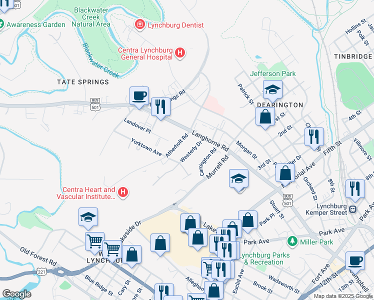 map of restaurants, bars, coffee shops, grocery stores, and more near 2119 Westerly Drive in Lynchburg