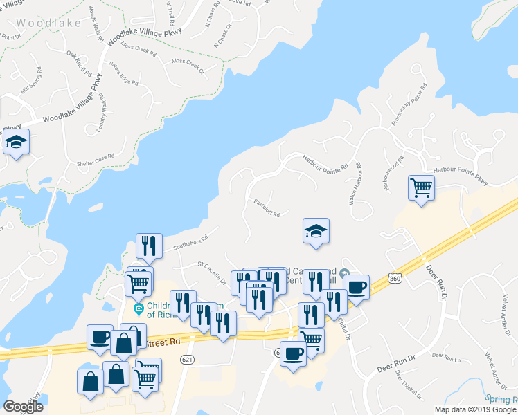 map of restaurants, bars, coffee shops, grocery stores, and more near 14001 Eastbluff Road in Midlothian