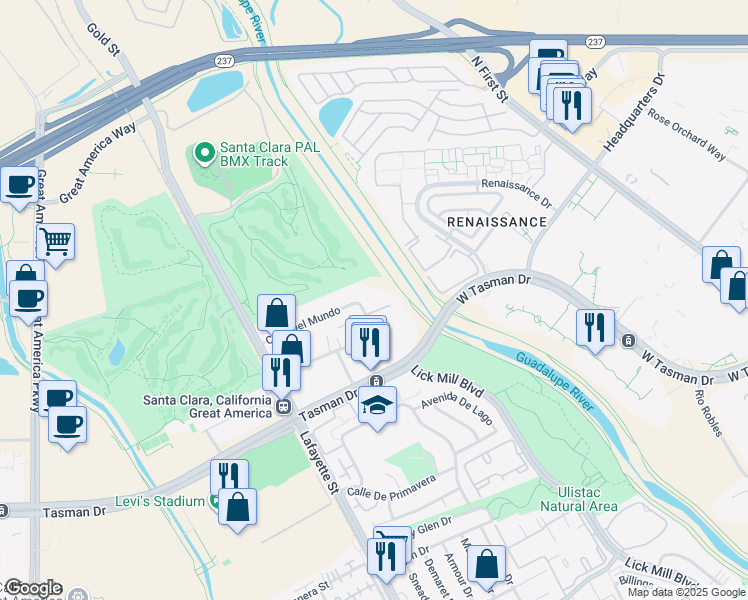 map of restaurants, bars, coffee shops, grocery stores, and more near 2200-2220 Calle De Luna in Santa Clara