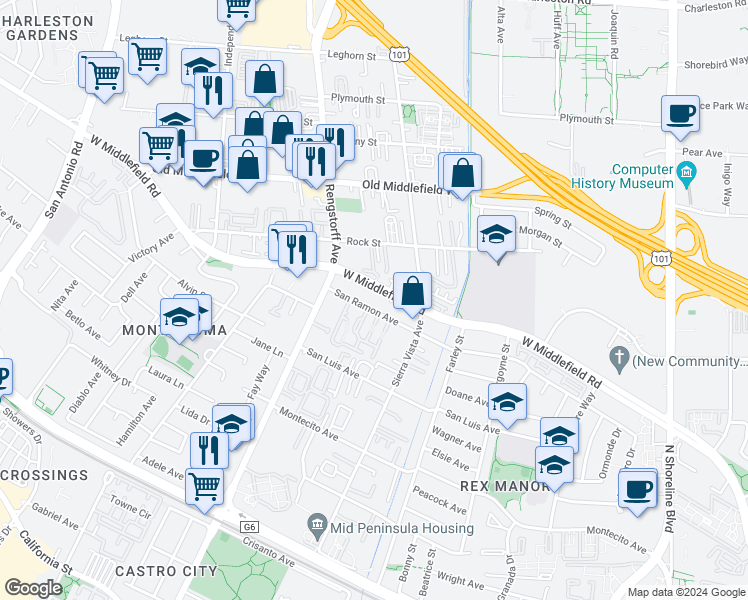 map of restaurants, bars, coffee shops, grocery stores, and more near 440 Beaume Court in Mountain View