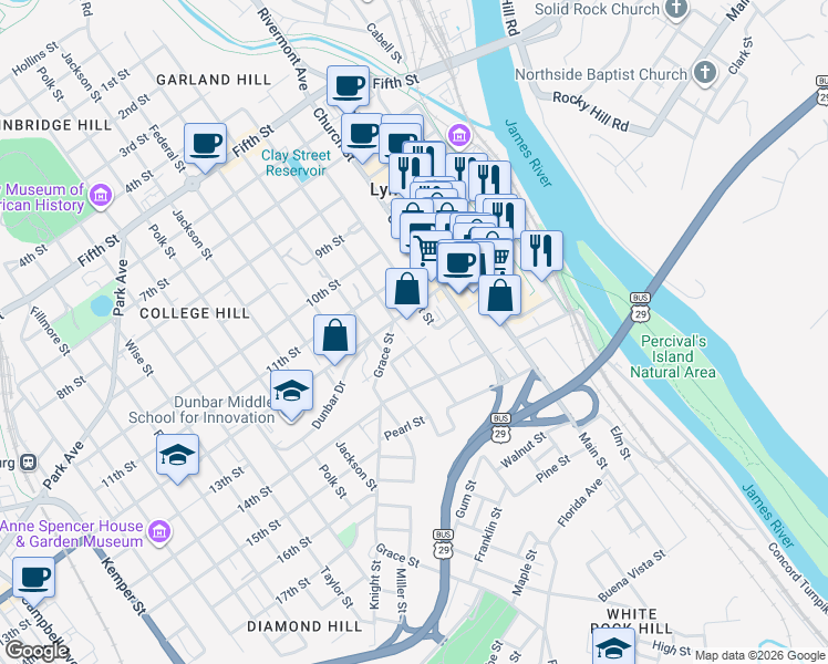 map of restaurants, bars, coffee shops, grocery stores, and more near 1300 Court Street in Lynchburg