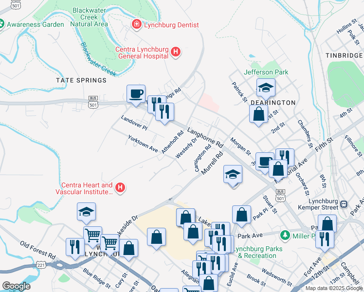 map of restaurants, bars, coffee shops, grocery stores, and more near 2119 Westerly Drive in Lynchburg