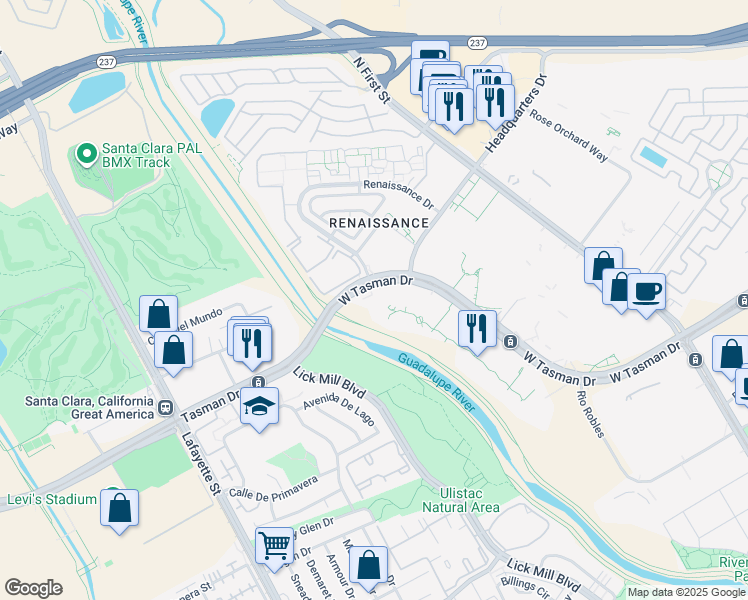 map of restaurants, bars, coffee shops, grocery stores, and more near 250 West Tasman Drive in San Jose