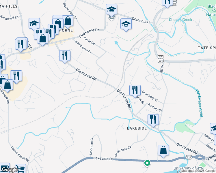 map of restaurants, bars, coffee shops, grocery stores, and more near 2307 Old Forest Road in Lynchburg
