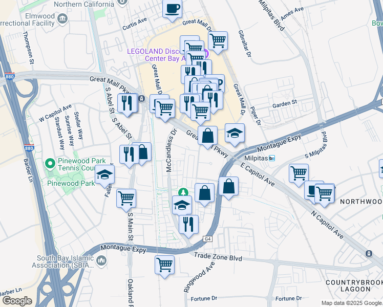 map of restaurants, bars, coffee shops, grocery stores, and more near 1515 Centre Pointe Drive in Milpitas