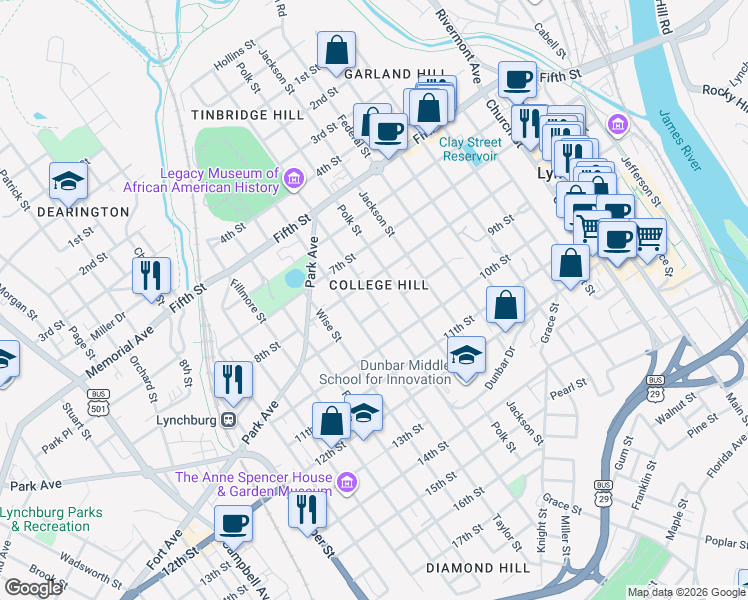 map of restaurants, bars, coffee shops, grocery stores, and more near Monroe Street in Lynchburg