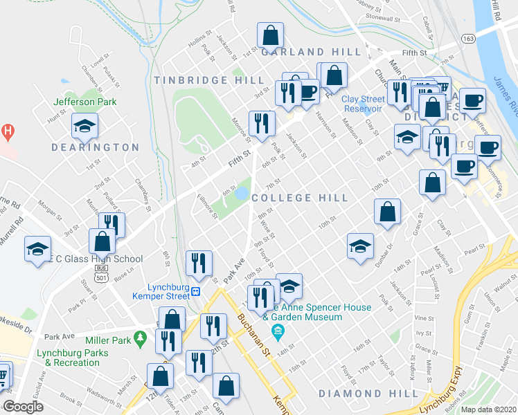 map of restaurants, bars, coffee shops, grocery stores, and more near 718 Wise Street in Lynchburg