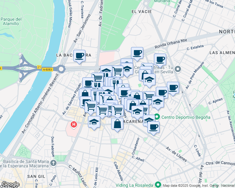 map of restaurants, bars, coffee shops, grocery stores, and more near Avenida Trabajadores Inmigrantes in Sevilla