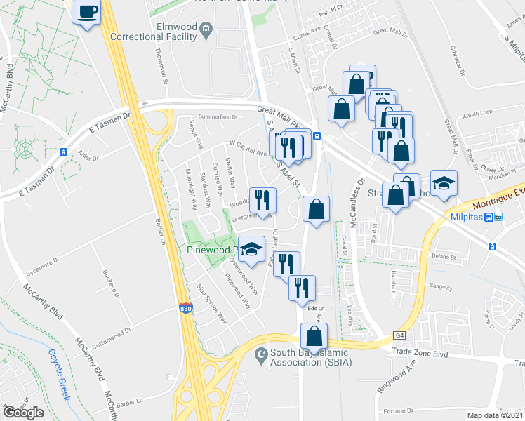map of restaurants, bars, coffee shops, grocery stores, and more near 133 Greentree Way in Milpitas