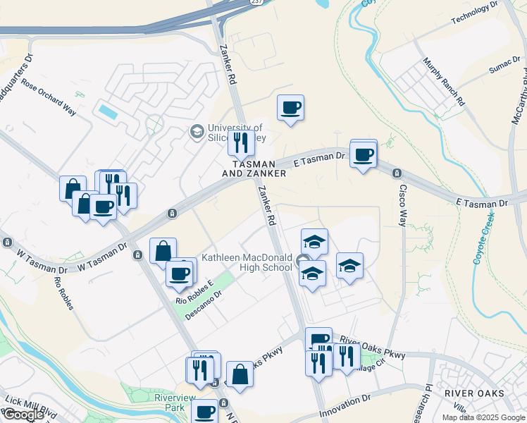 map of restaurants, bars, coffee shops, grocery stores, and more near 185 Estancia Drive in San Jose