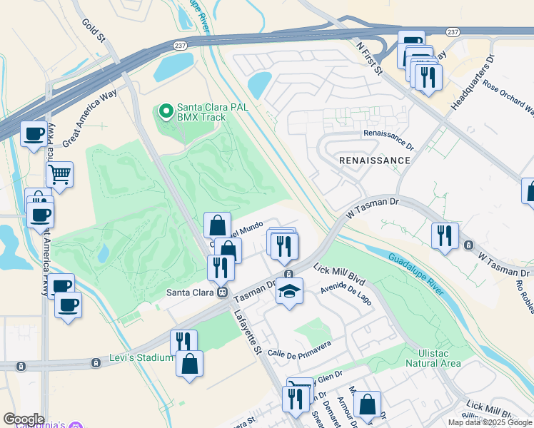 map of restaurants, bars, coffee shops, grocery stores, and more near 2275 Calle Del Mundo in Santa Clara