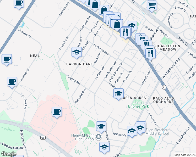 map of restaurants, bars, coffee shops, grocery stores, and more near 852 Los Robles Avenue in Palo Alto