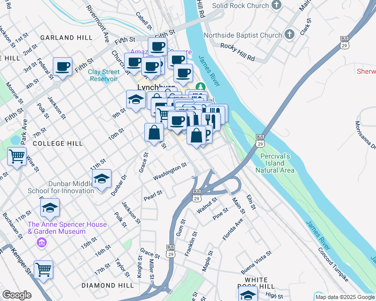 map of restaurants, bars, coffee shops, grocery stores, and more near in Lynchburg