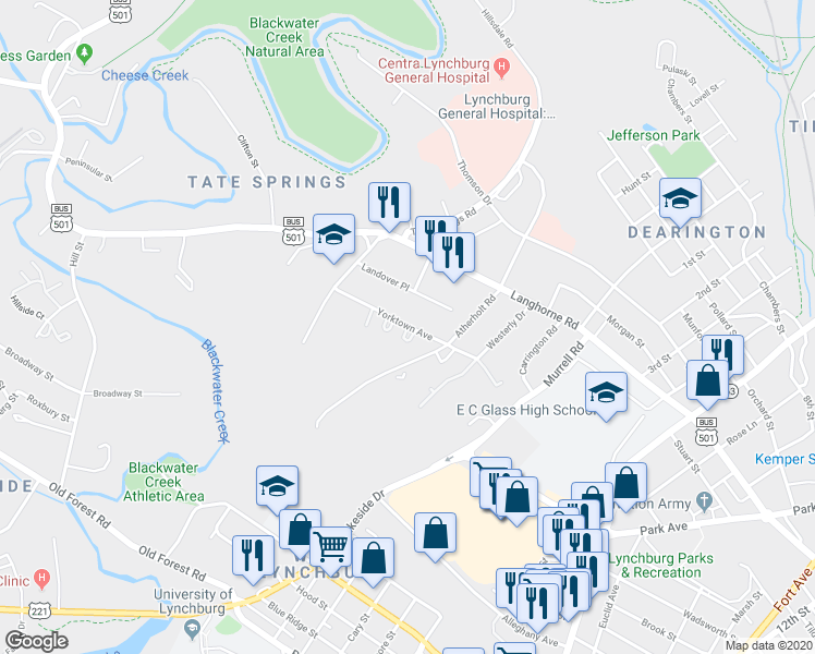 map of restaurants, bars, coffee shops, grocery stores, and more near 2342 Yorktown Avenue in Lynchburg