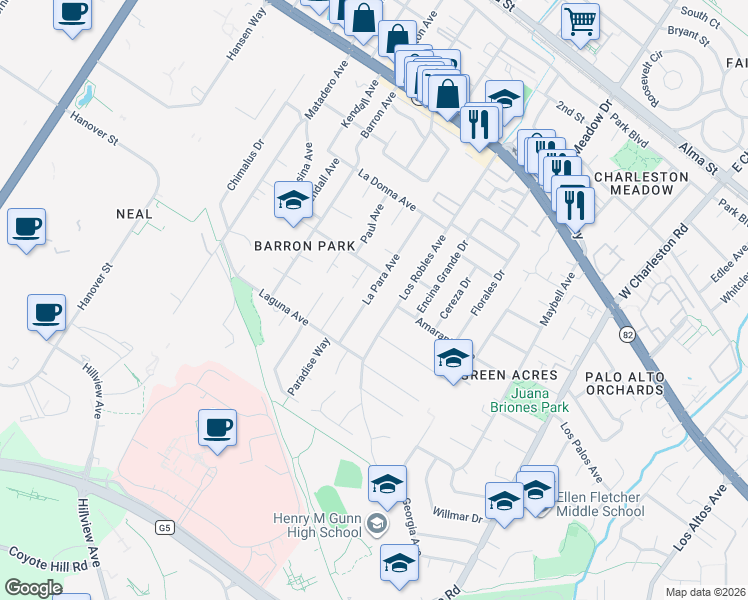 map of restaurants, bars, coffee shops, grocery stores, and more near 852 Los Robles Avenue in Palo Alto