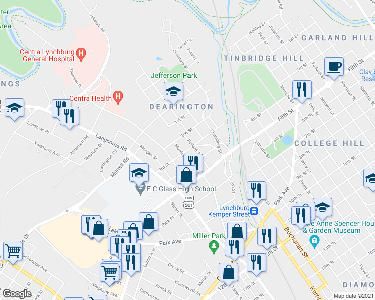 map of restaurants, bars, coffee shops, grocery stores, and more near 1819 3rd Street in Lynchburg