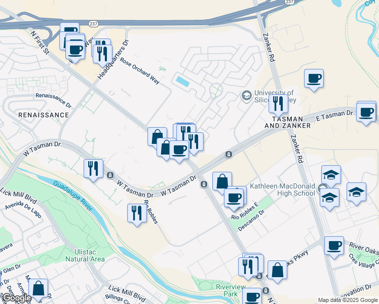 map of restaurants, bars, coffee shops, grocery stores, and more near 3730 North First Street in San Jose