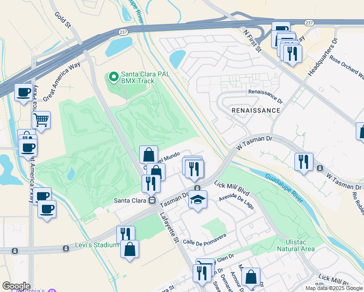 map of restaurants, bars, coffee shops, grocery stores, and more near 2233 Calle Del Mundo in Santa Clara