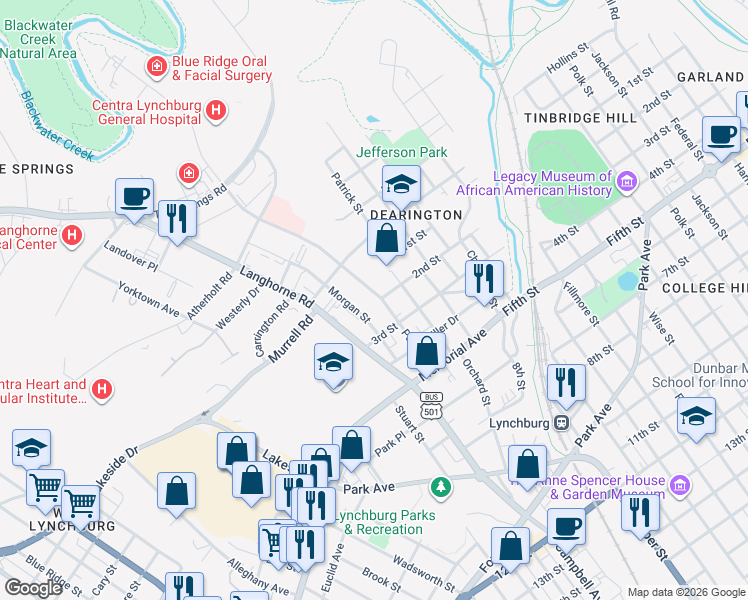 map of restaurants, bars, coffee shops, grocery stores, and more near 127 Page Street in Lynchburg