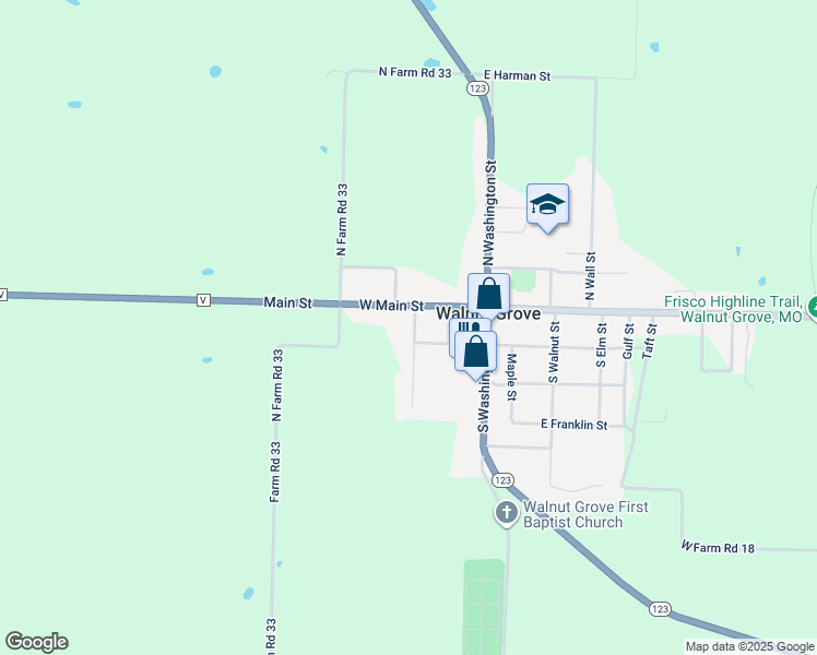 map of restaurants, bars, coffee shops, grocery stores, and more near 119 South Jefferson Street in Walnut Grove