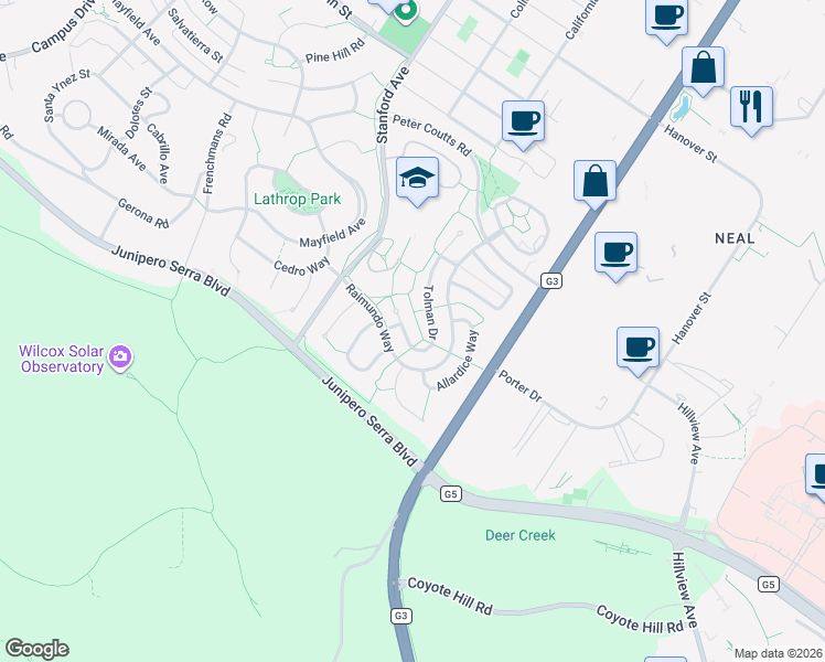 map of restaurants, bars, coffee shops, grocery stores, and more near 866 Tolman Drive in Palo Alto