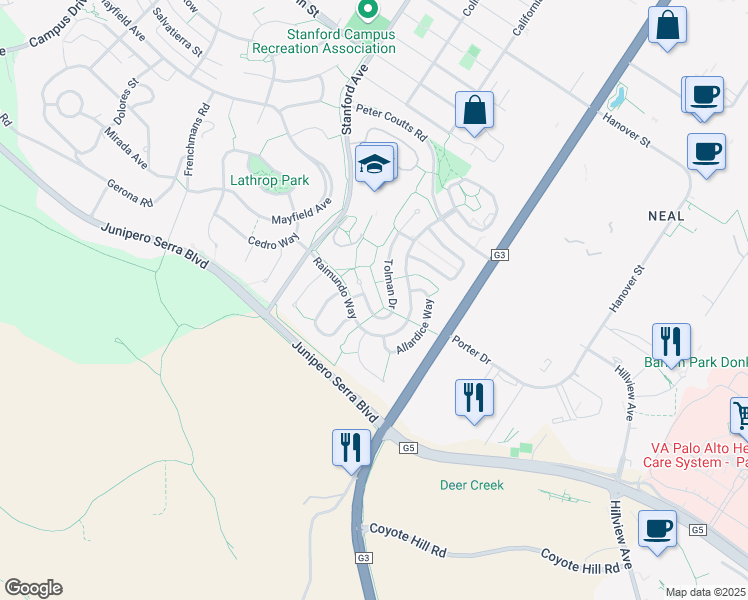 map of restaurants, bars, coffee shops, grocery stores, and more near 866 Tolman Drive in Palo Alto