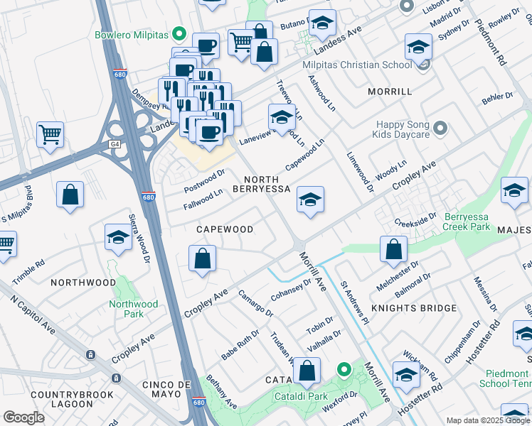 map of restaurants, bars, coffee shops, grocery stores, and more near 3056 Vía Del Coronado in San Jose