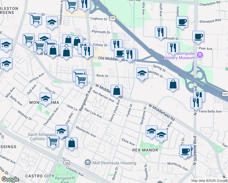 map of restaurants, bars, coffee shops, grocery stores, and more near 1944 San Ramon Avenue in Mountain View