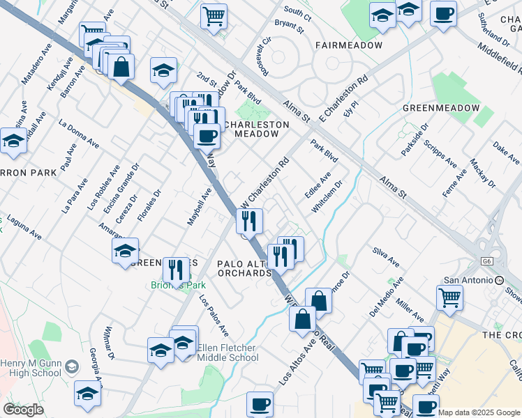 map of restaurants, bars, coffee shops, grocery stores, and more near 4238 Rickeys Lane in Palo Alto