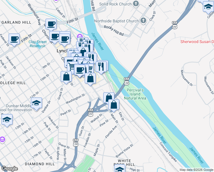 map of restaurants, bars, coffee shops, grocery stores, and more near 159 Elm Street in Lynchburg
