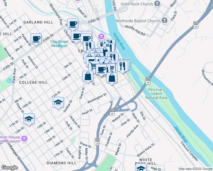 map of restaurants, bars, coffee shops, grocery stores, and more near in Lynchburg