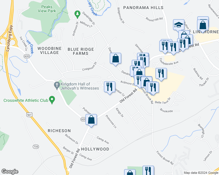 map of restaurants, bars, coffee shops, grocery stores, and more near 104 Timber Court in Lynchburg