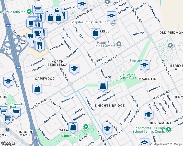 map of restaurants, bars, coffee shops, grocery stores, and more near 1898 Westminister Court in San Jose