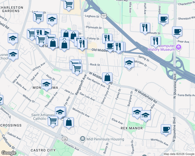 map of restaurants, bars, coffee shops, grocery stores, and more near 2010 San Ramon Avenue in Mountain View
