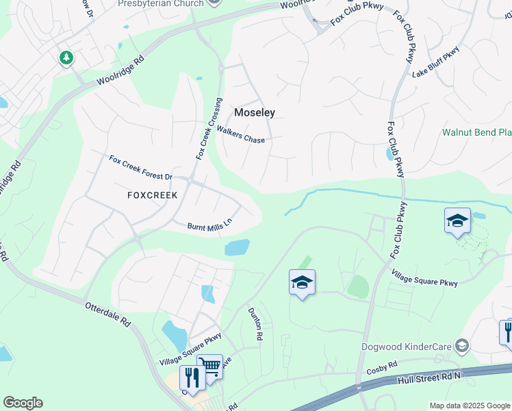 map of restaurants, bars, coffee shops, grocery stores, and more near 15812 Primrose Tarry Drive in Moseley