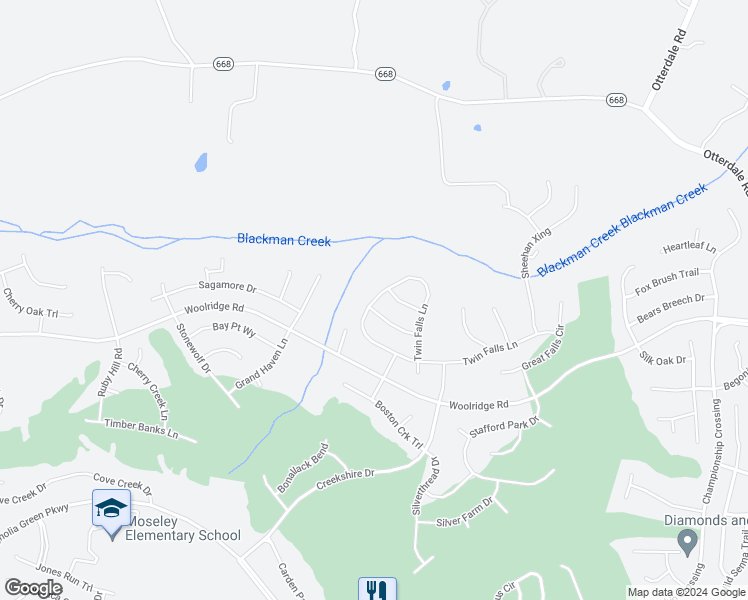 map of restaurants, bars, coffee shops, grocery stores, and more near 18263 Twin Falls Lane in Moseley
