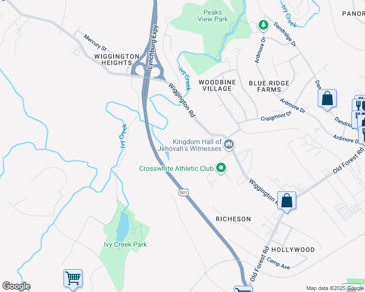 map of restaurants, bars, coffee shops, grocery stores, and more near 134 Old Wiggington Road in Lynchburg