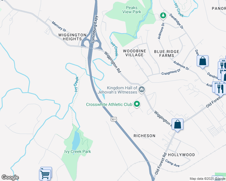 map of restaurants, bars, coffee shops, grocery stores, and more near 134 Old Wiggington Road in Lynchburg